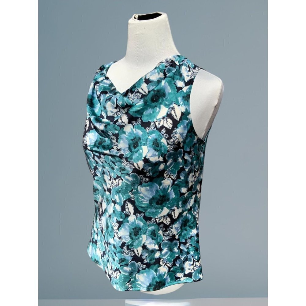 Ann Taylor Loft petite turquoise sleeveless cowl neck floral spandex blouse PS - Picture 3 of 10